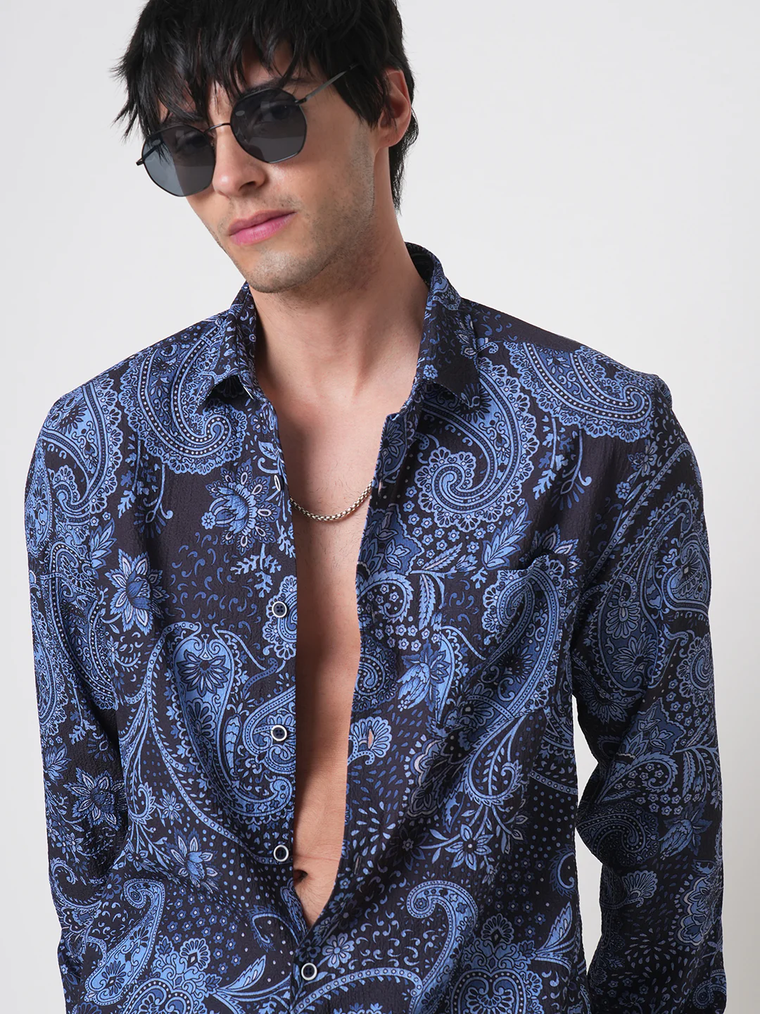 Navy Paisley Printed Creased Shirt - Image 2