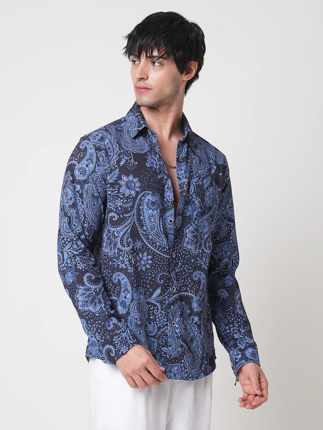 Navy Paisley Printed Creased Shirt - Image 6