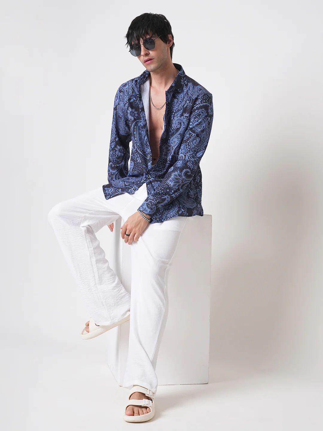 Navy Paisley Printed Creased Shirt - Image 8