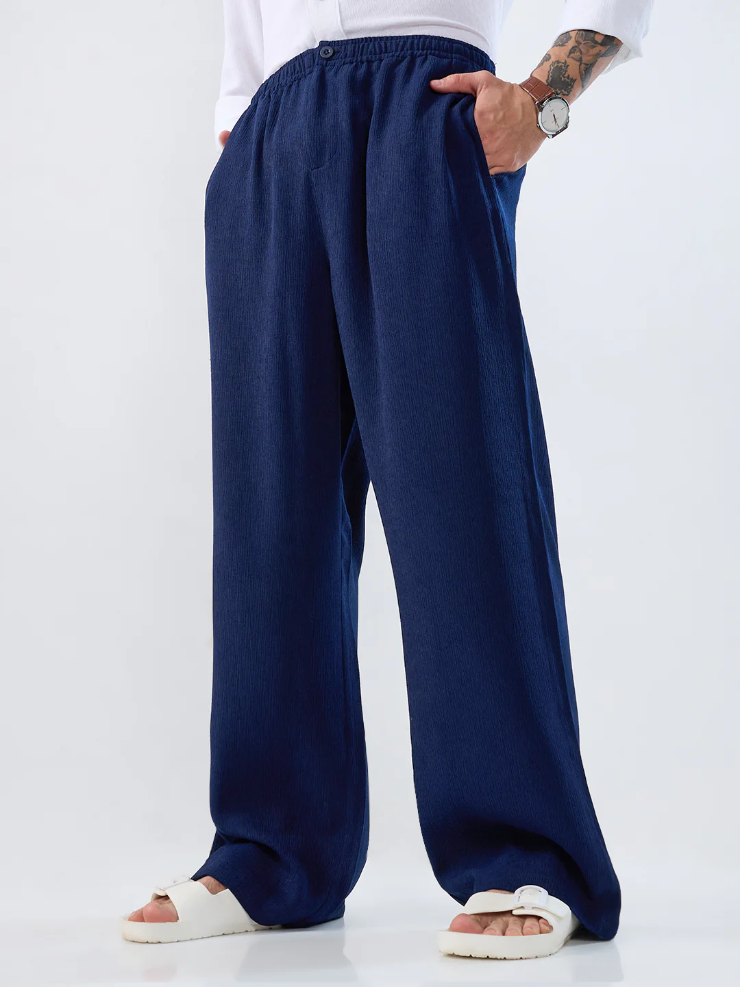 Navy Soft Crepe Wide-Leg Trousers - Image 4