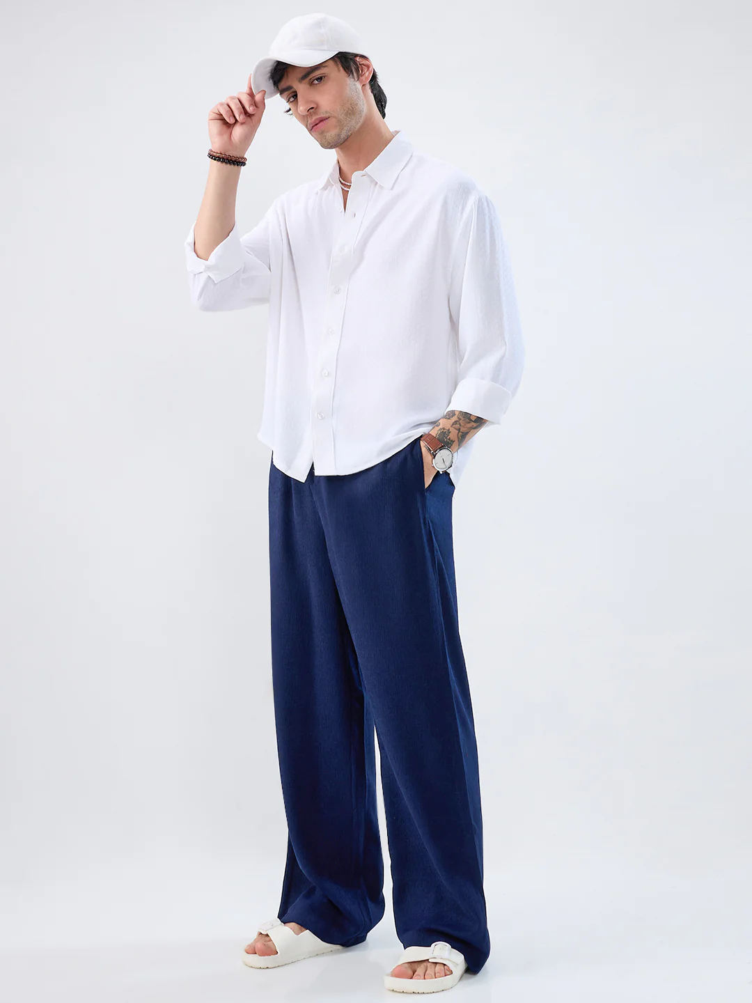 Navy Soft Crepe Wide-Leg Trousers - Image 6