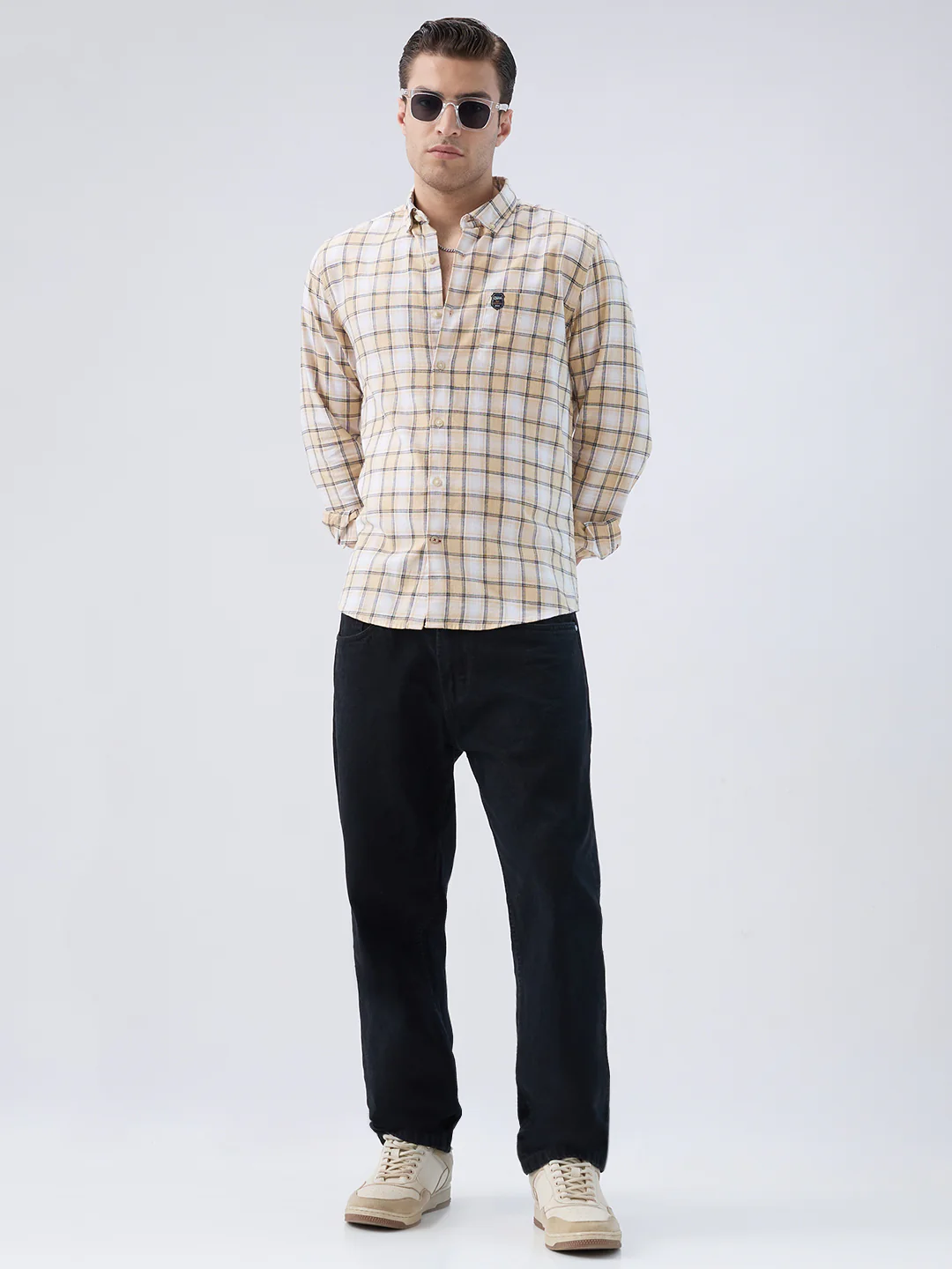 Neutral Beige & Black Windowpane Checks Shirt - Image 8