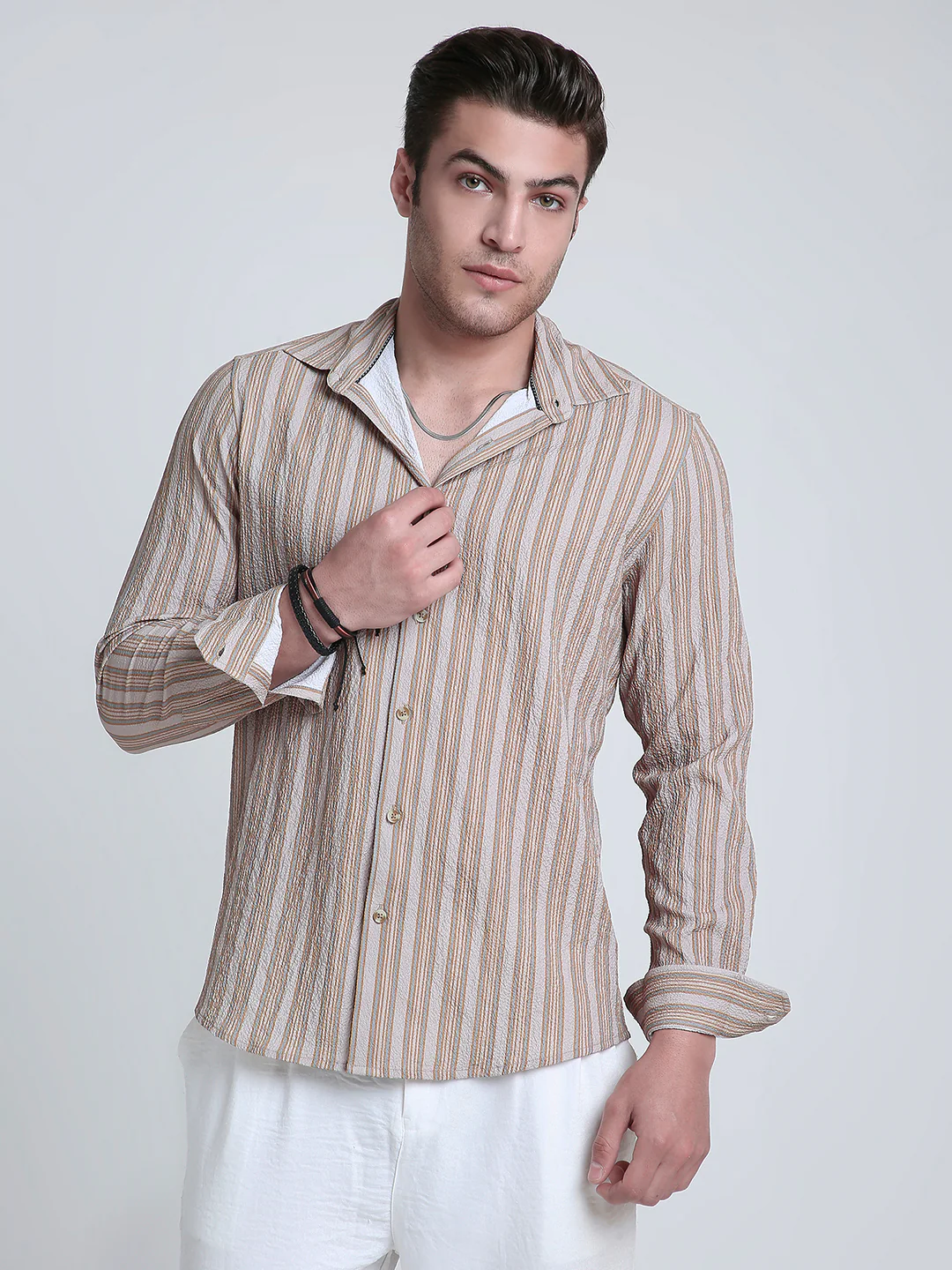 Nomad Beige Creased Striped Shirt - Image 4