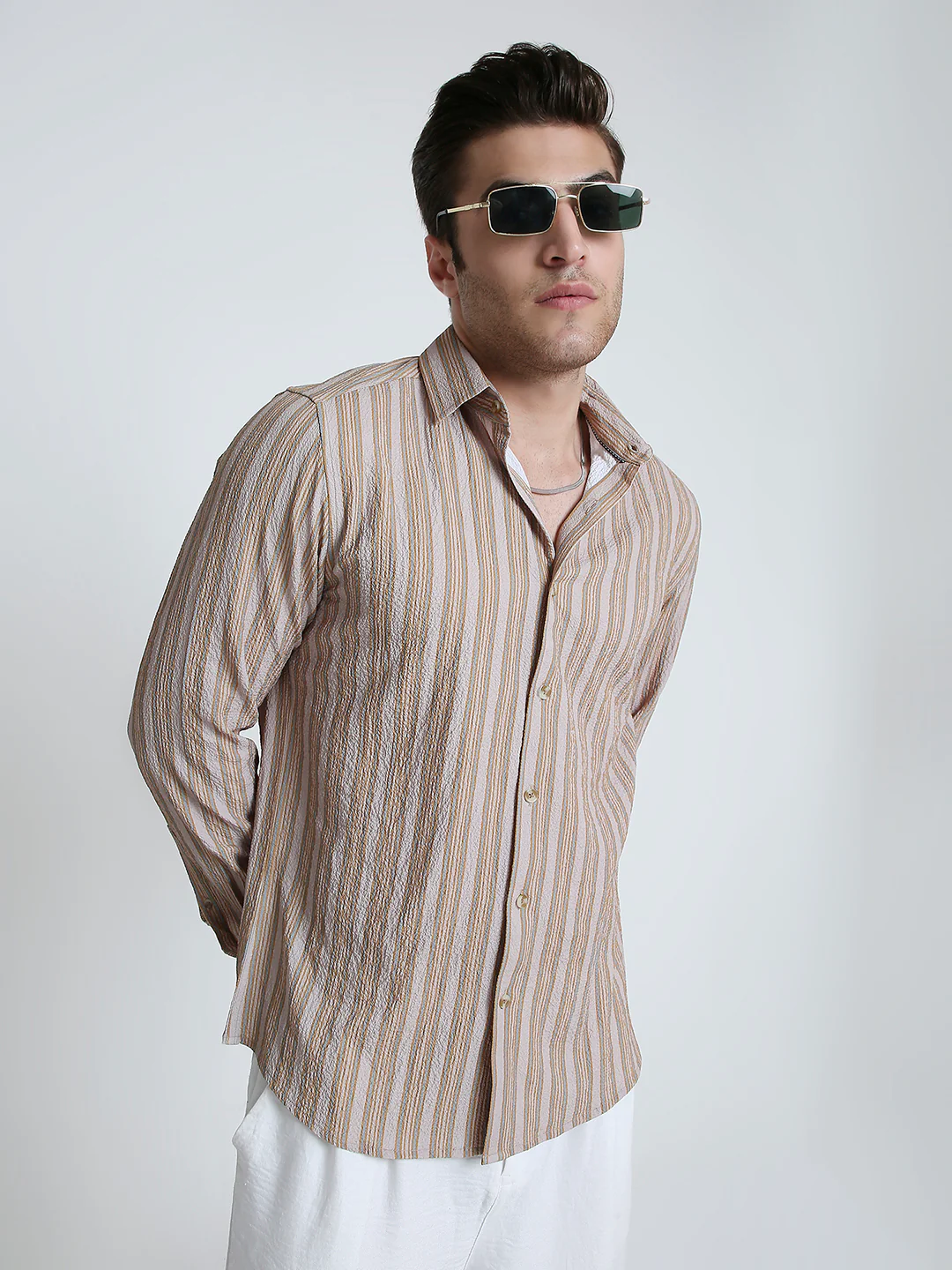 Nomad Beige Creased Striped Shirt - Image 5