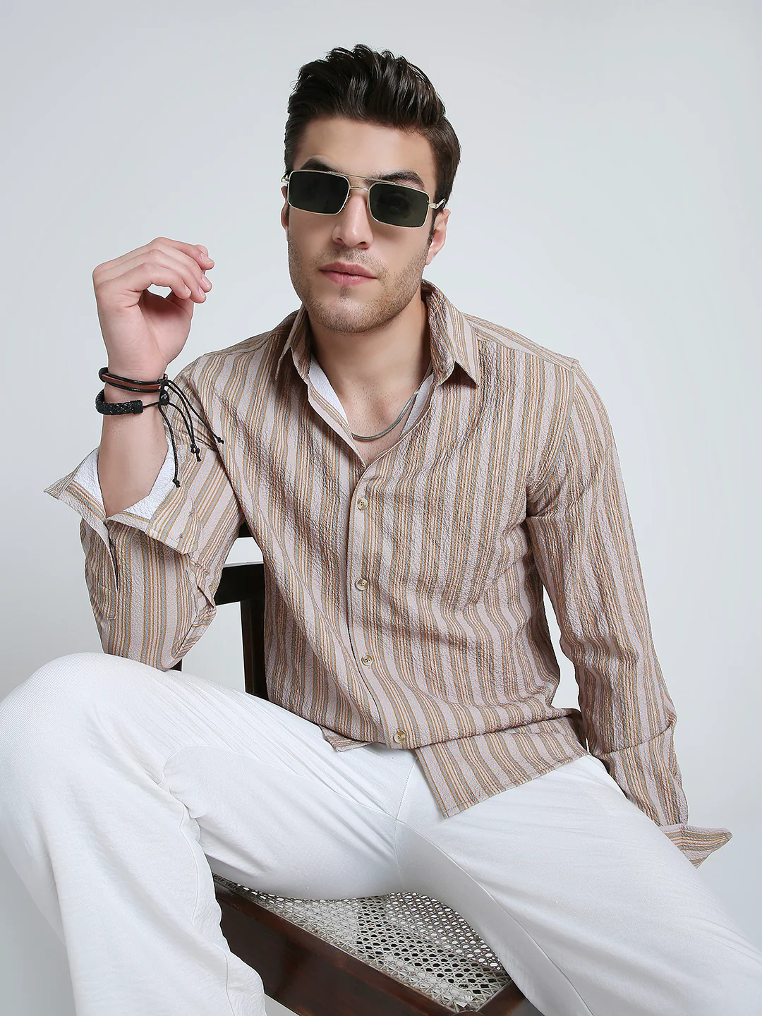 Nomad Beige Creased Striped Shirt - Image 7