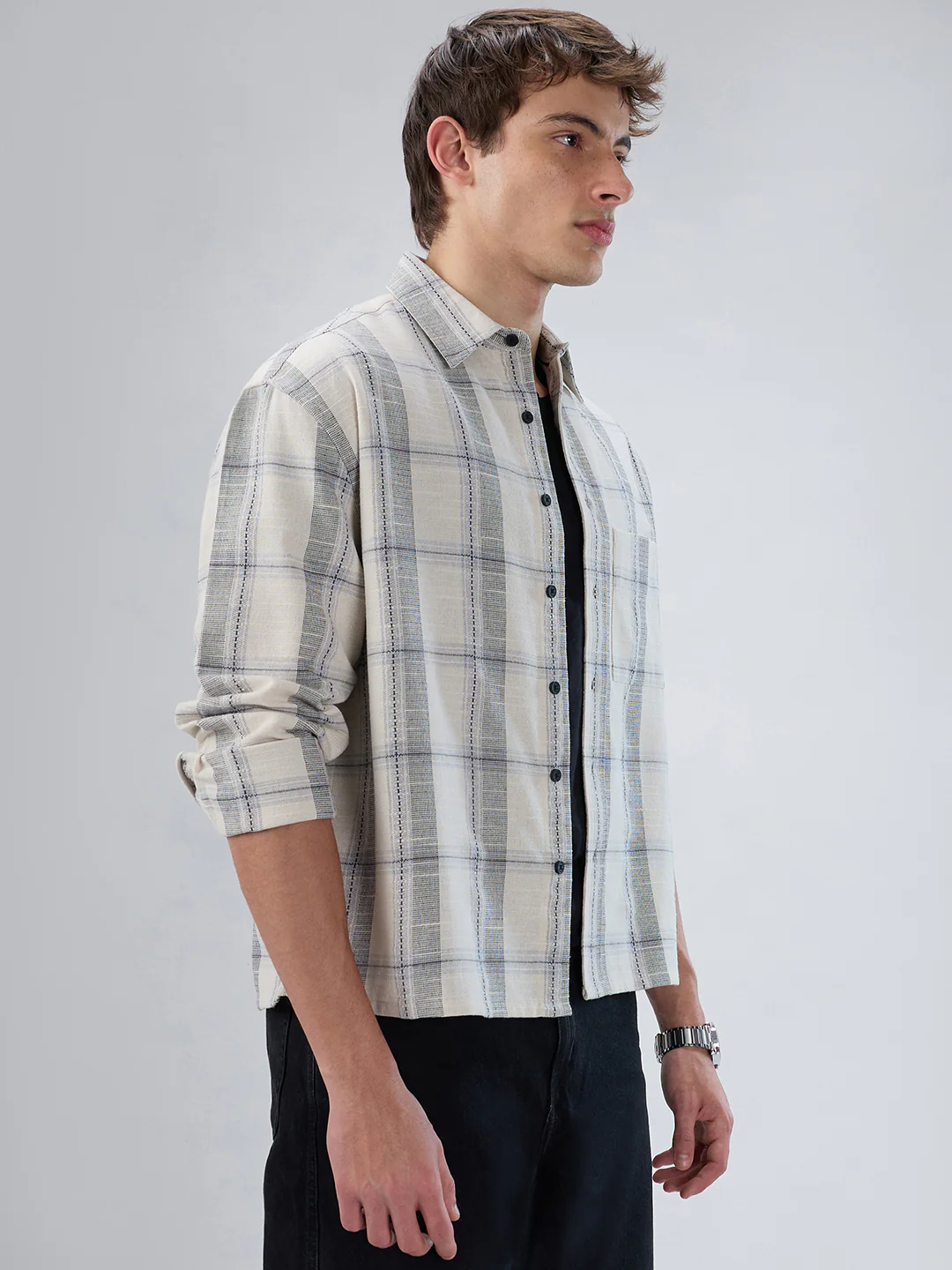 Off-White & Grey Jacquard Weave Checked Boxy Fit Crop Shirt - Image 5