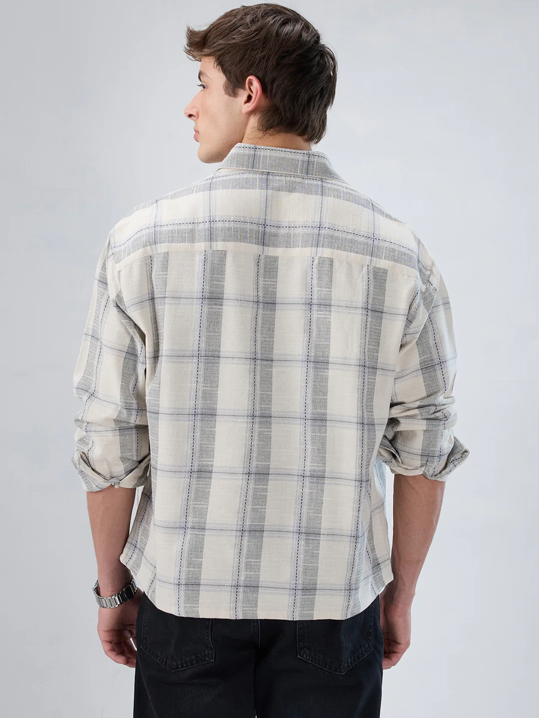 Off-White & Grey Jacquard Weave Checked Boxy Fit Crop Shirt - Image 7