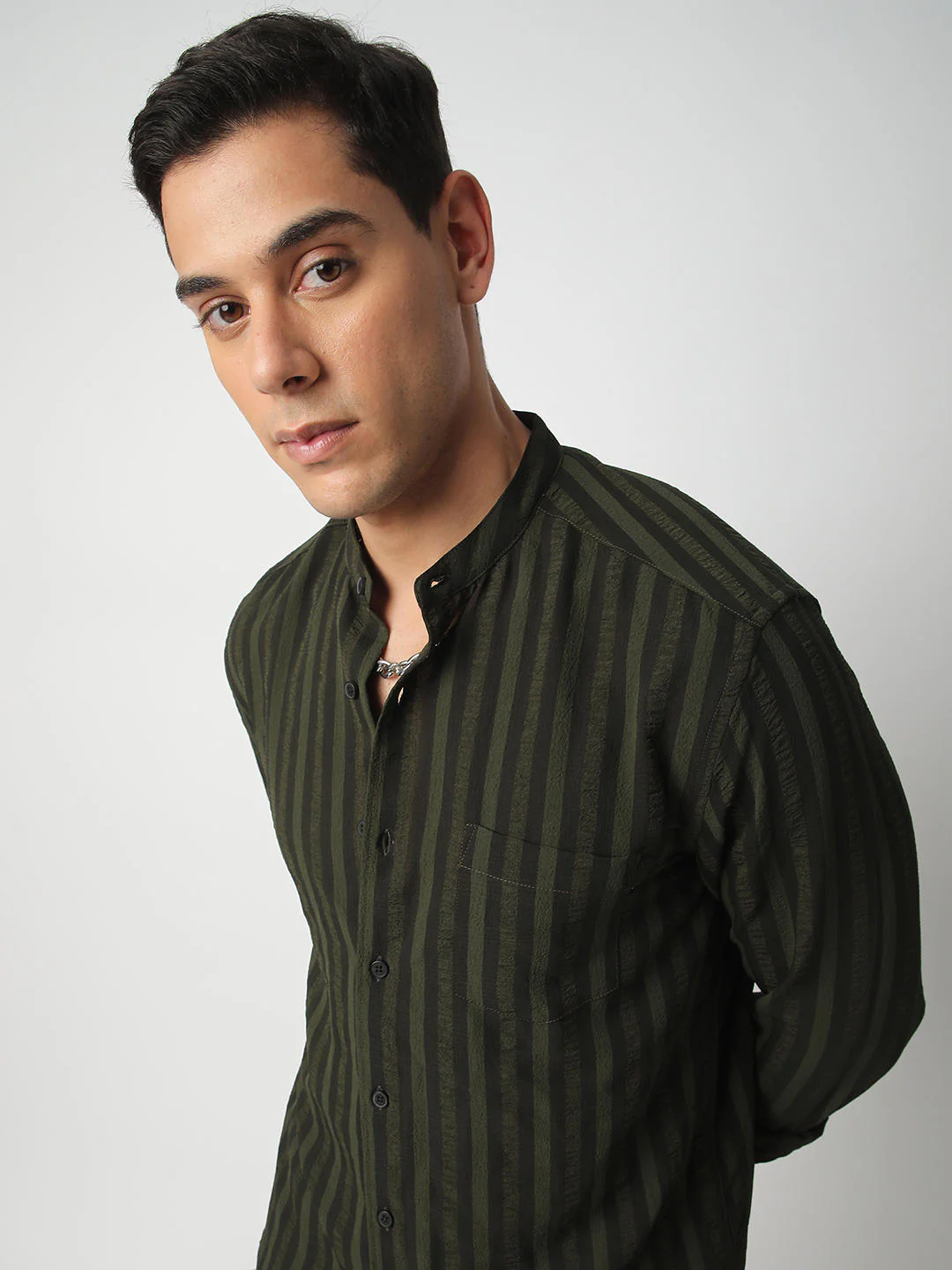 Olive & Black Striped Crinkled Mandarin Collar Shirt - Image 2