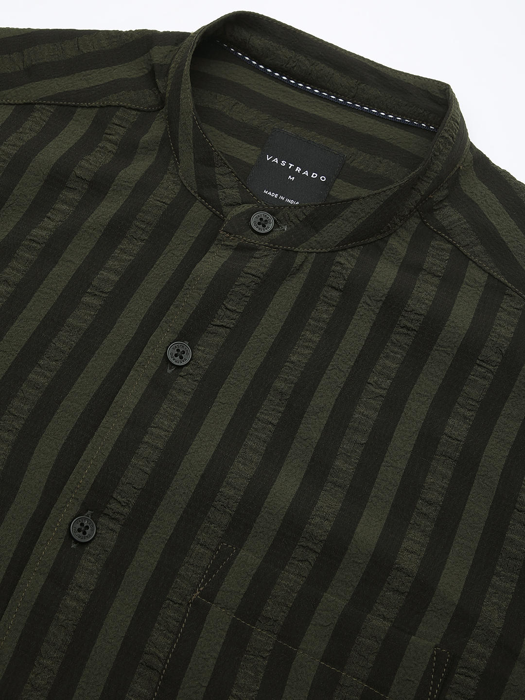 Olive & Black Striped Crinkled Mandarin Collar Shirt - Image 3