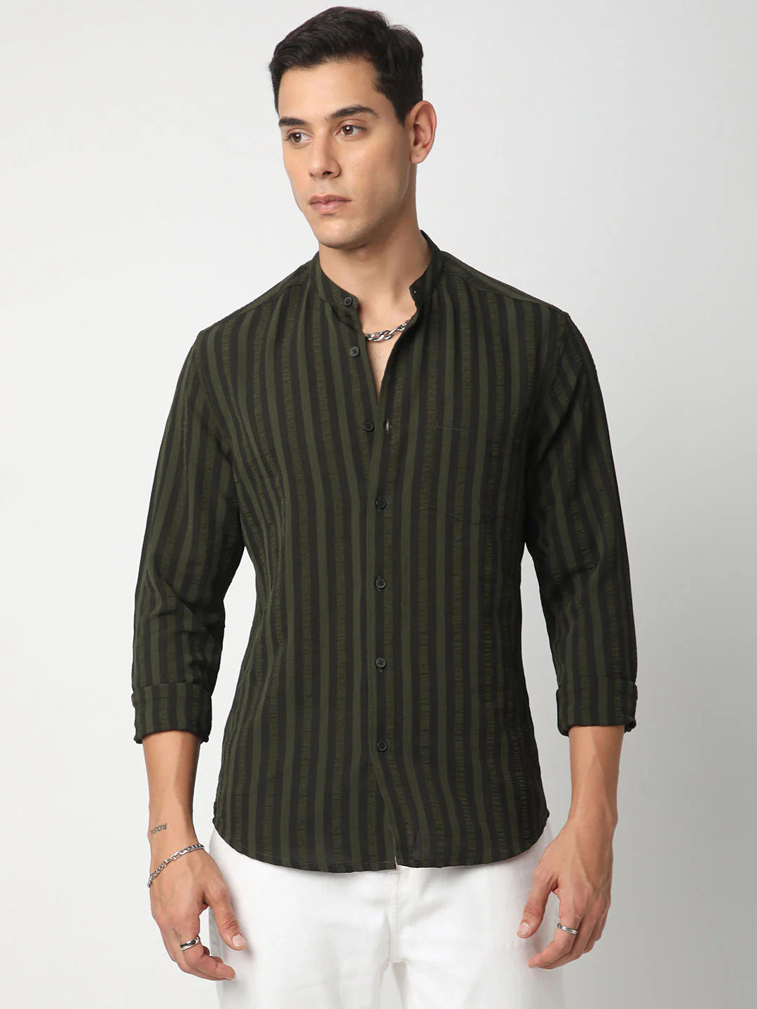 Olive & Black Striped Crinkled Mandarin Collar Shirt - Image 4