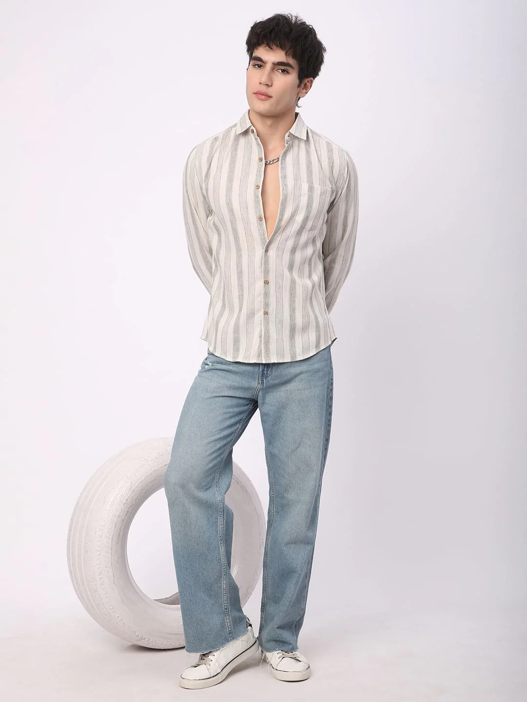 Olive & White Broad Striped Linen Shirt - Image 8