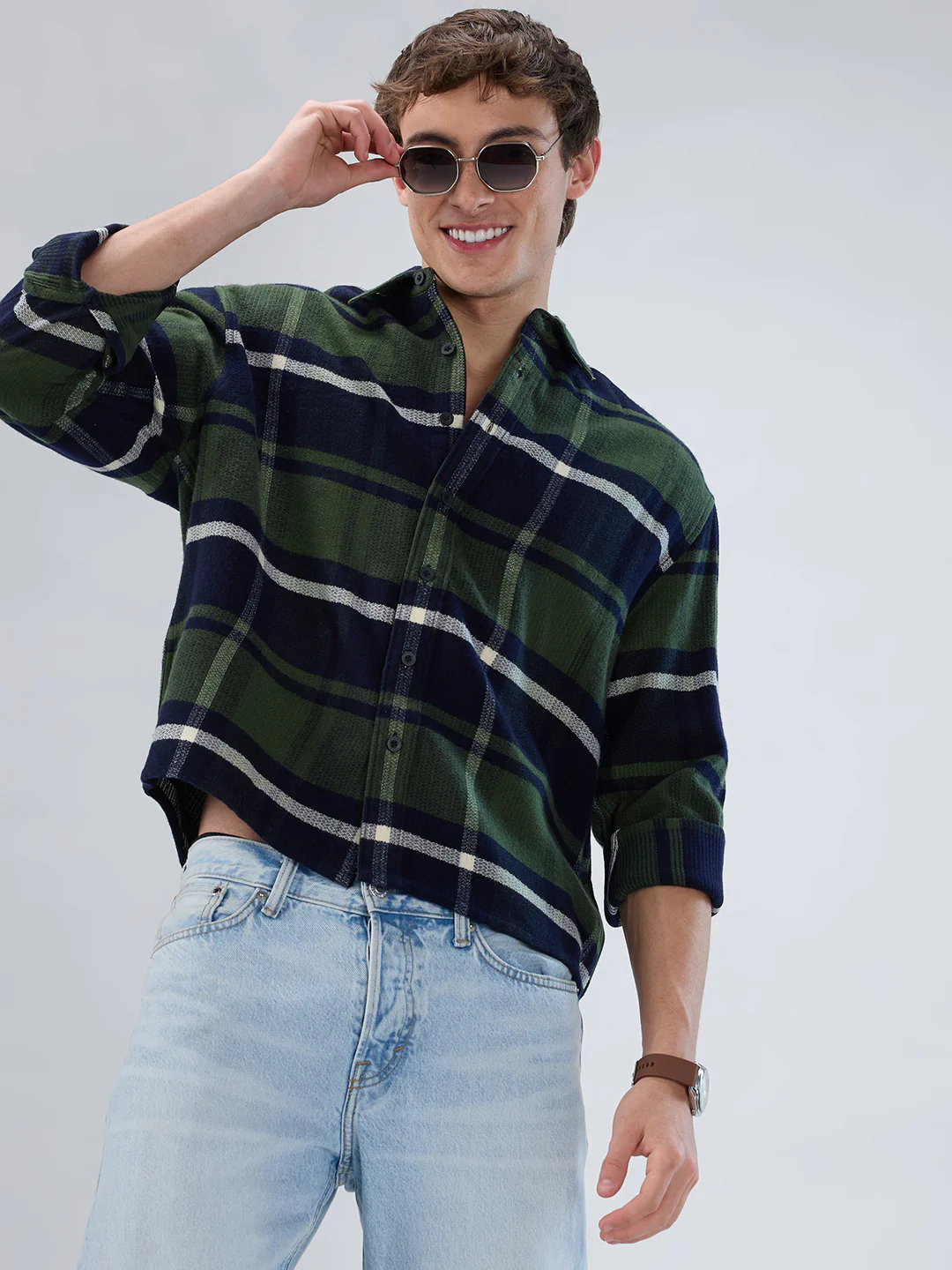 Olive & Navy Checked Boxy Fit Crop Flannel Shirt - Image 4