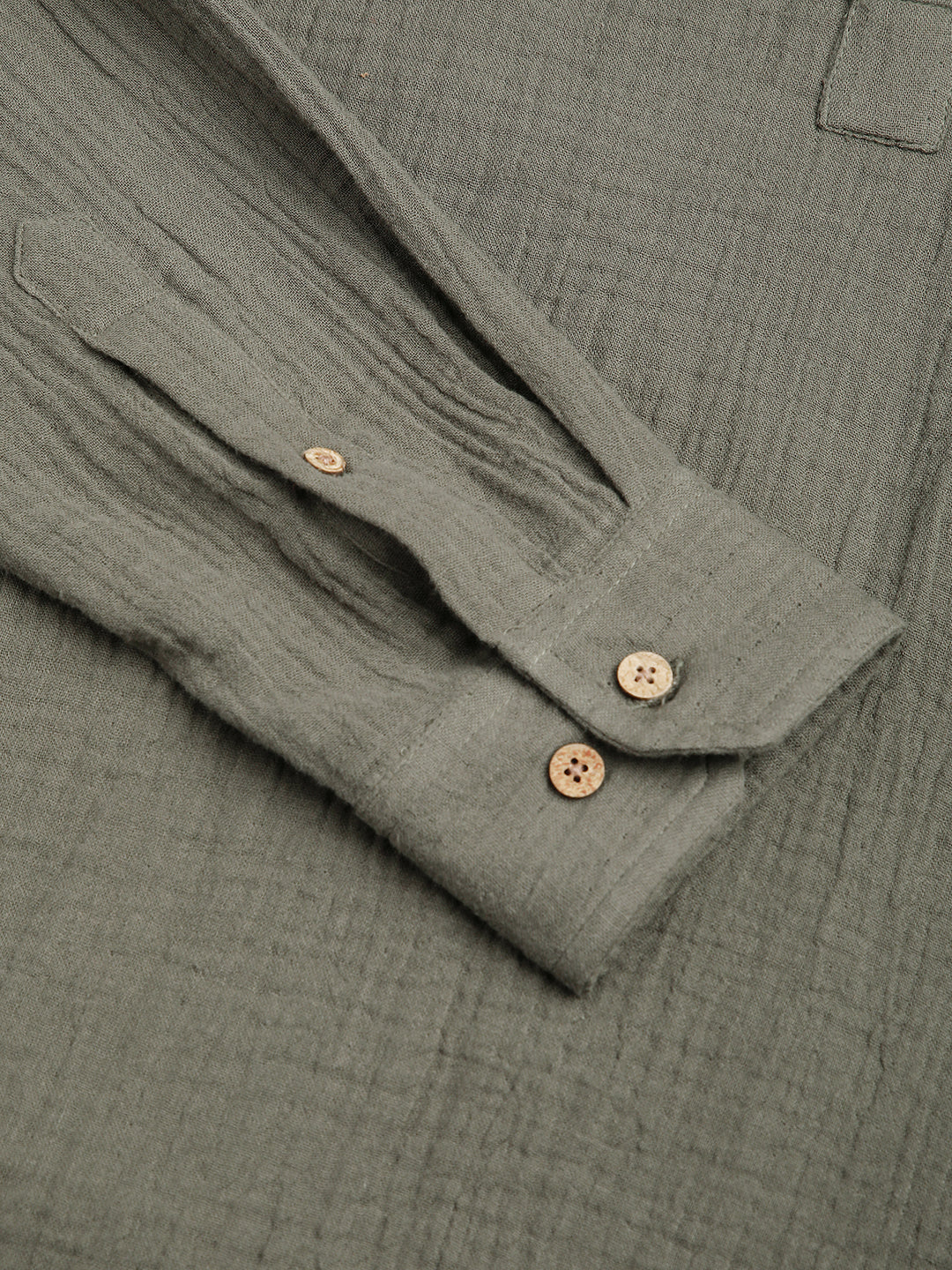 Olive Double Cloth Crinkled Kurta - Image 9