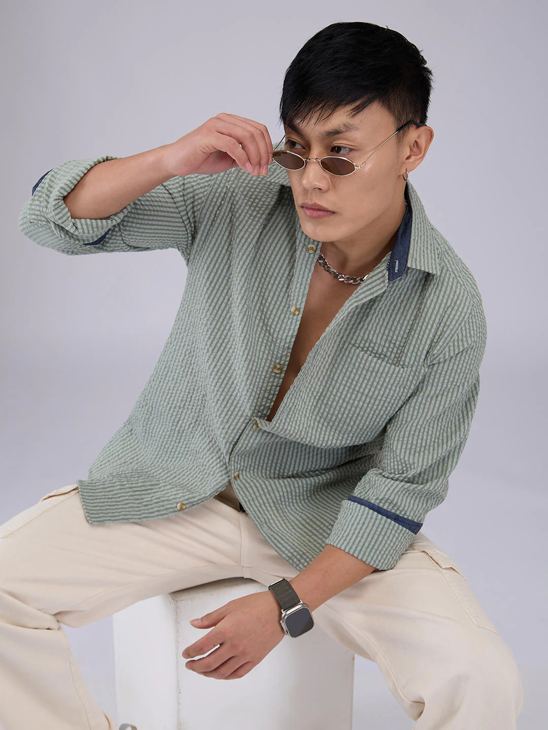 Olive Seersucker Striped Shirt