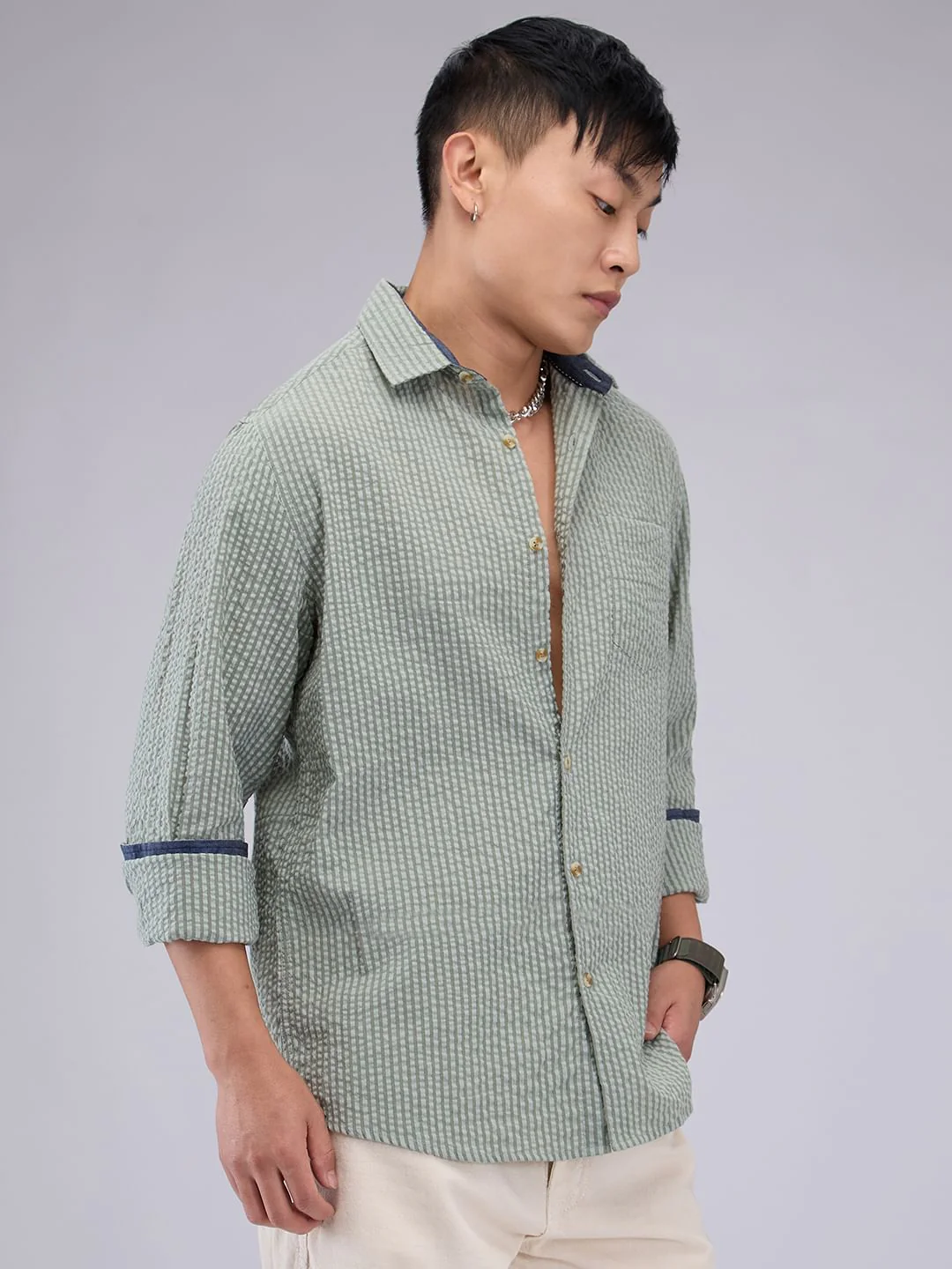 Olive Seersucker Striped Shirt - Image 6