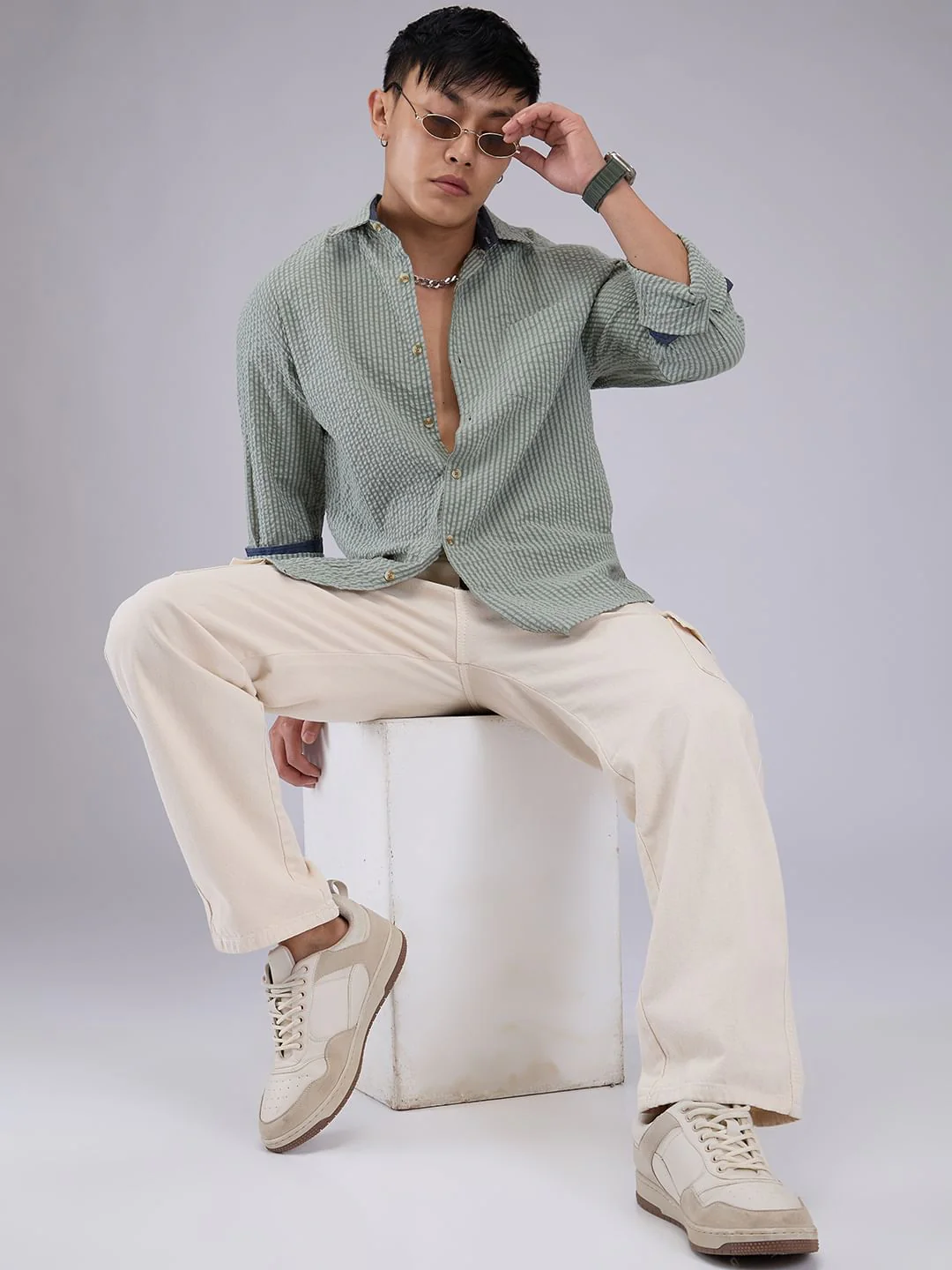 Olive Seersucker Striped Shirt - Image 8