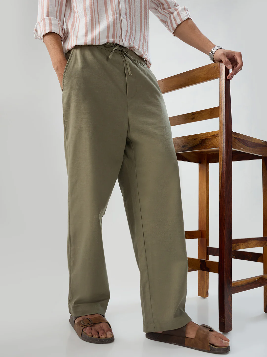 Olive Subtle HerrigboneTextured Straight-Fit Trousers - Image 4