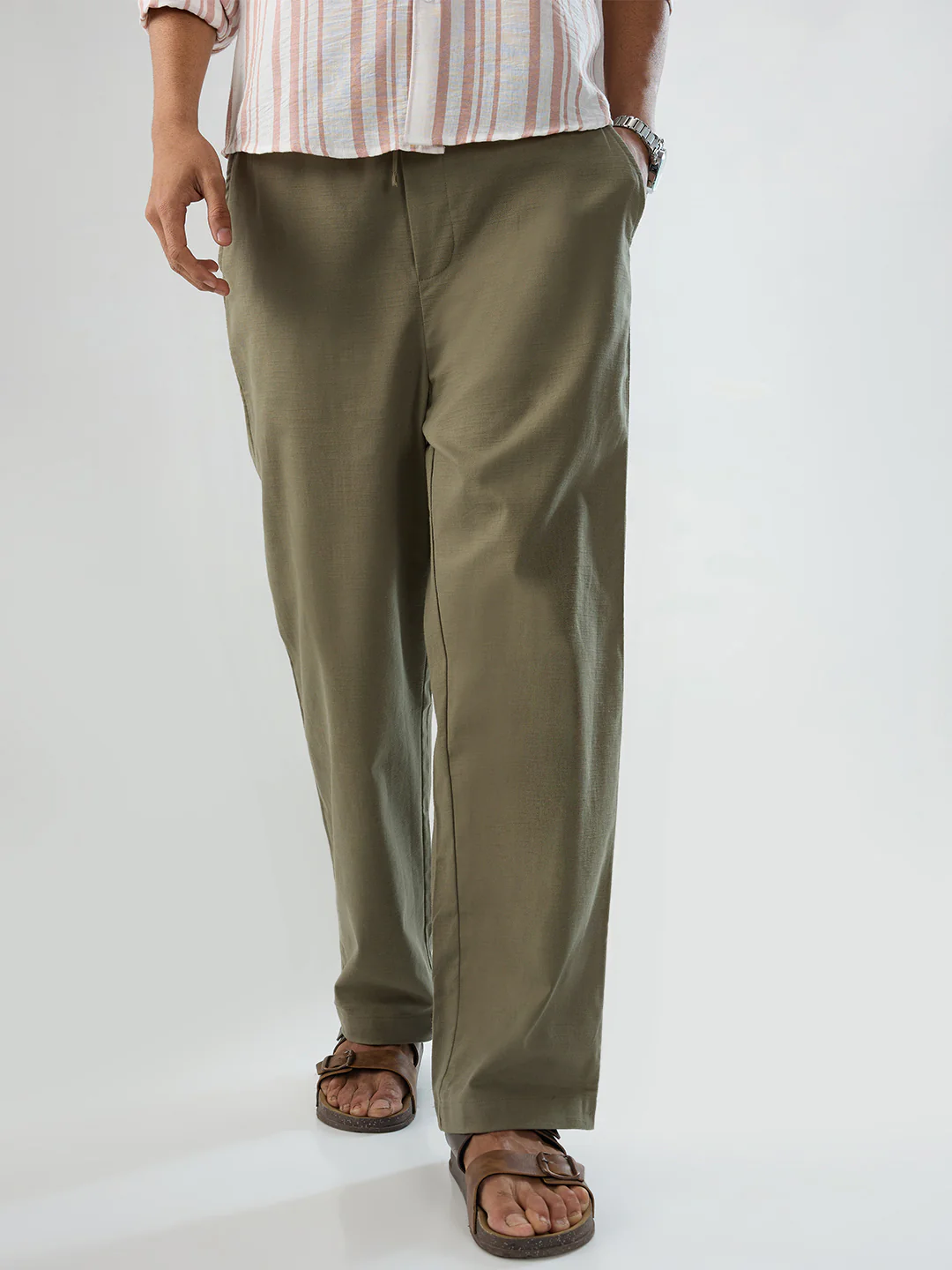 Olive Subtle HerrigboneTextured Straight-Fit Trousers - Image 5