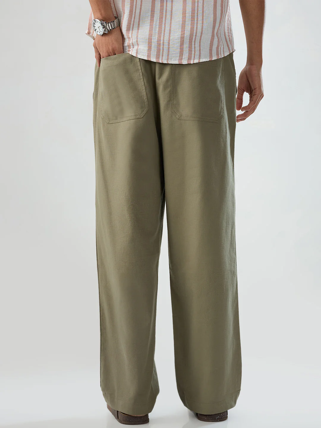 Olive Subtle HerrigboneTextured Straight-Fit Trousers - Image 7
