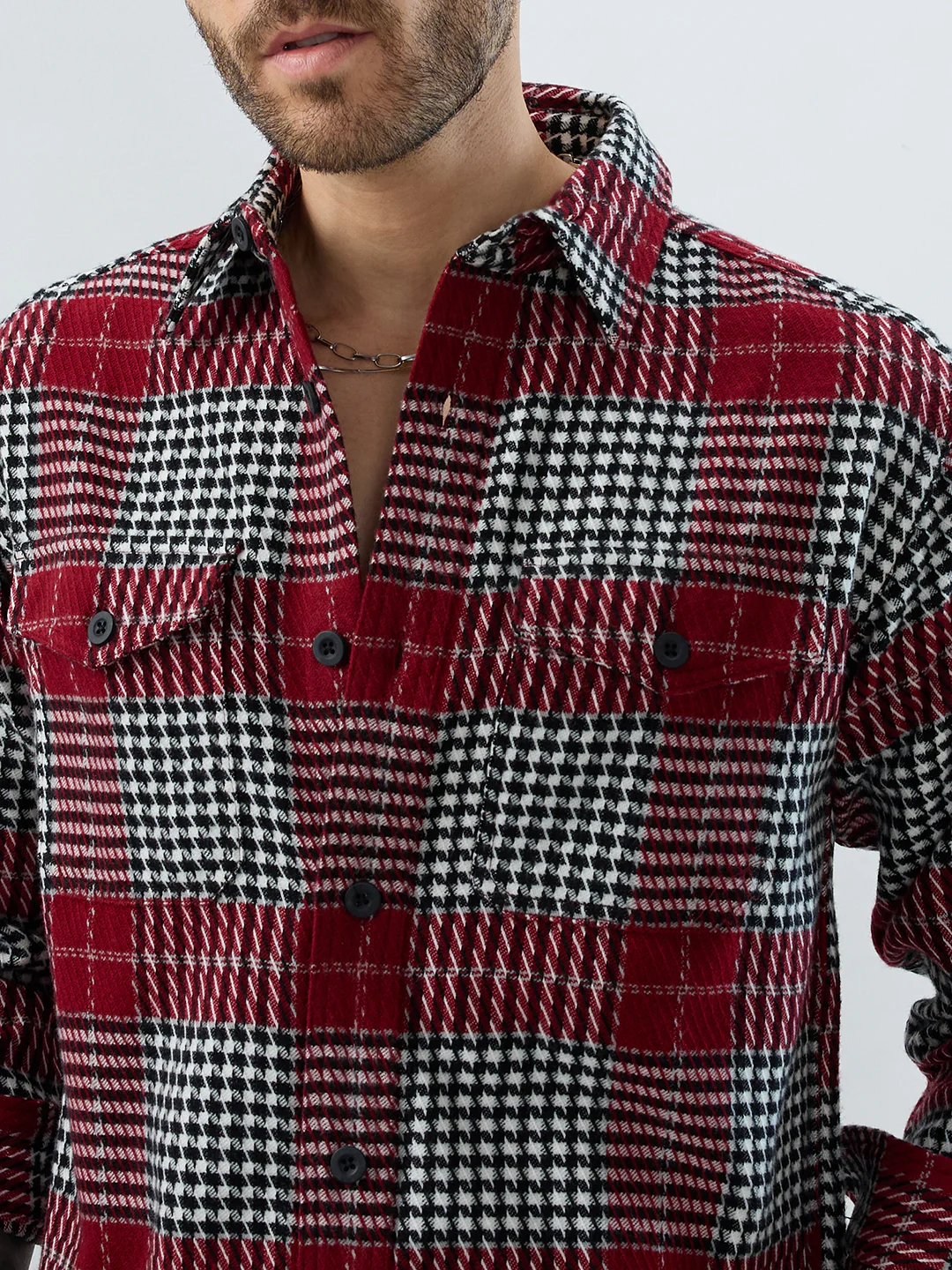 Opulent Red Houndstooth Checkmate Twin Pocket Flannel Shirt - Image 3