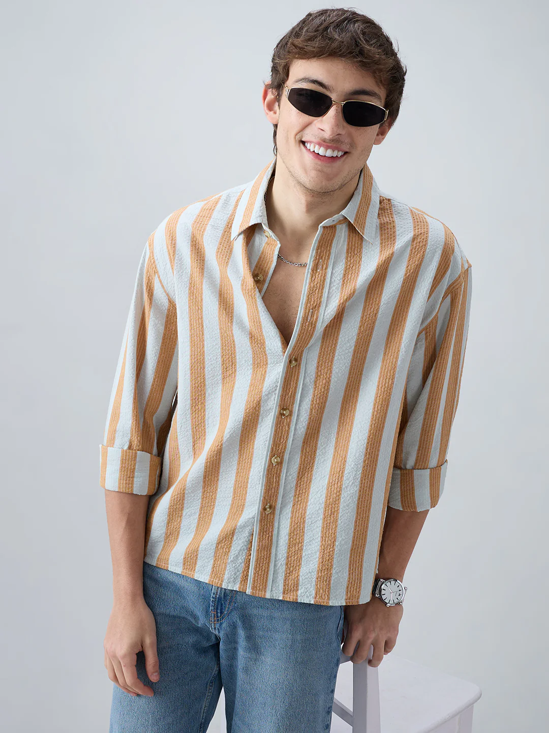 Orange & Blue Seersucker Awning Stripe Boxy Fit Crop Shirt - Image 4