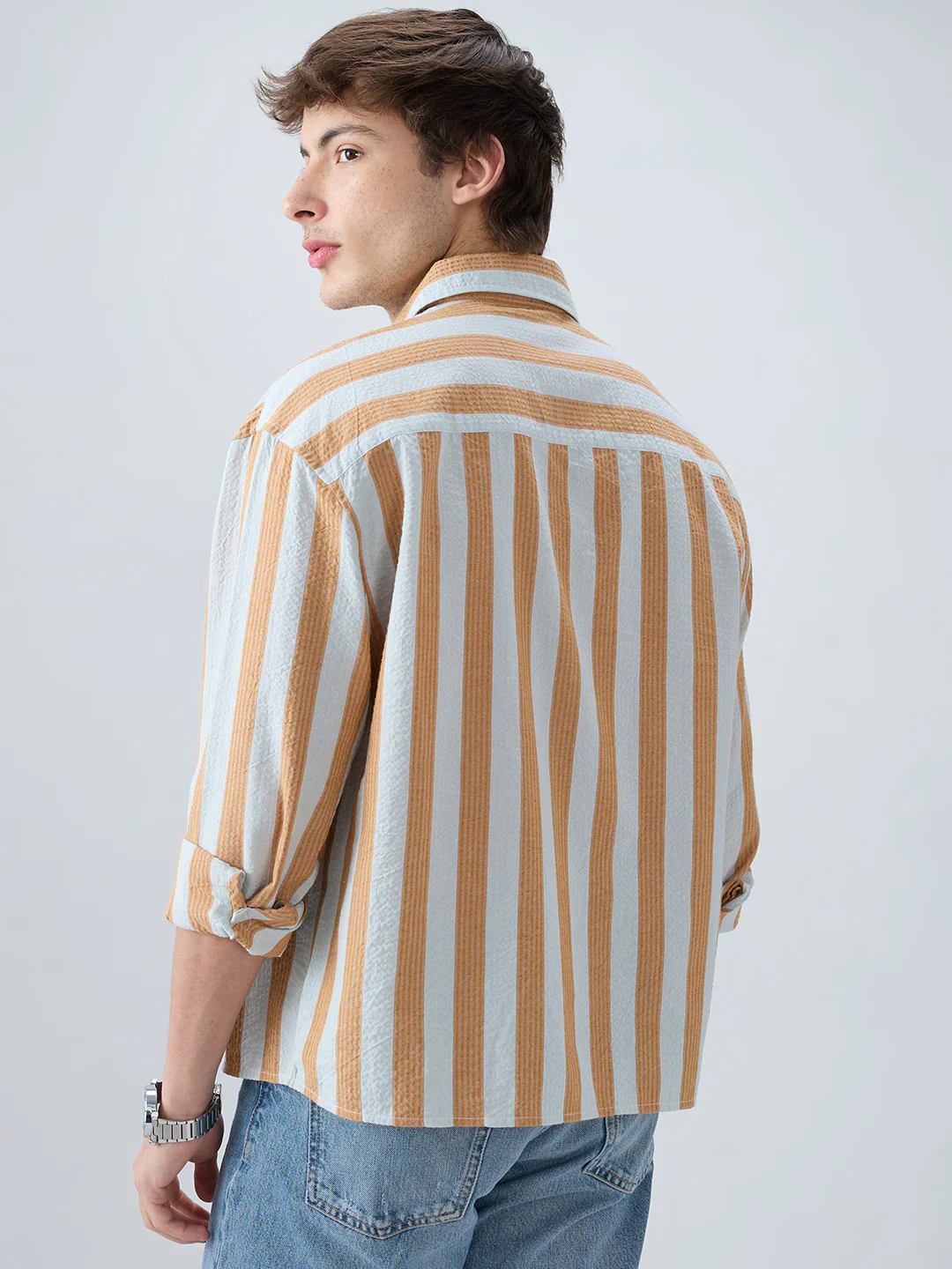 Orange & Blue Seersucker Awning Stripe Boxy Fit Crop Shirt - Image 7