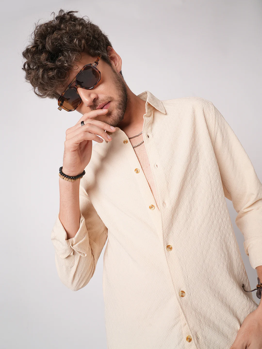 Oyster Cream Geometric Textured Shirt - Image 2