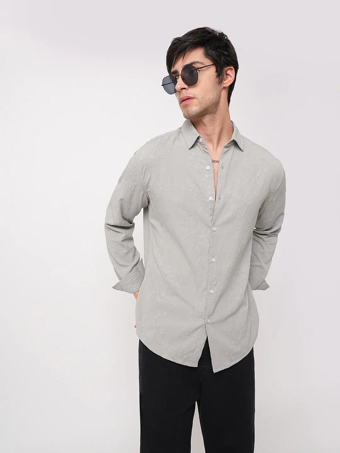 Panache Floral Grey Embossed Shirt - Image 4