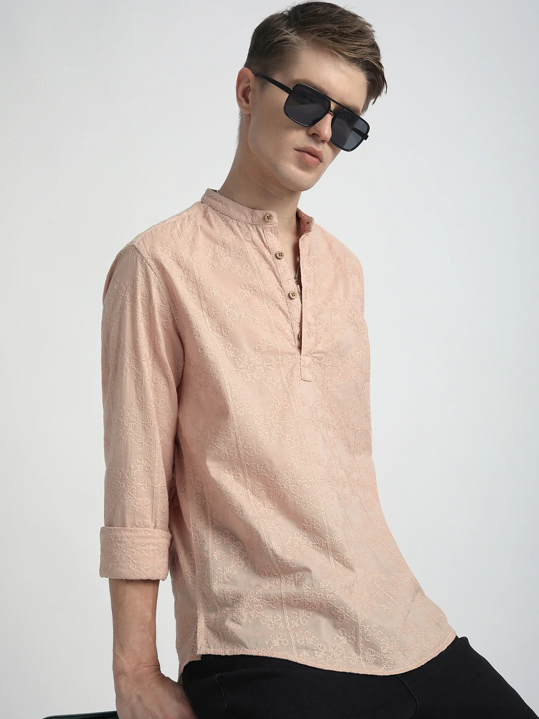Pastel Peach Blossom Embroidery Kurta - Image 4