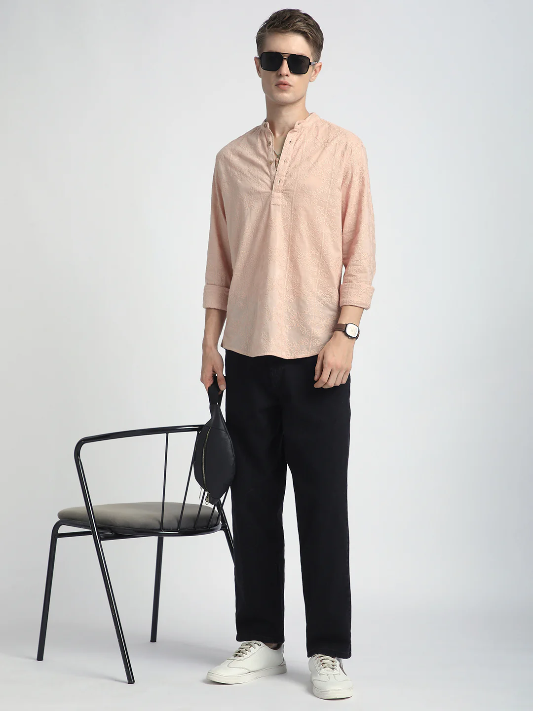 Pastel Peach Blossom Embroidery Kurta - Image 6