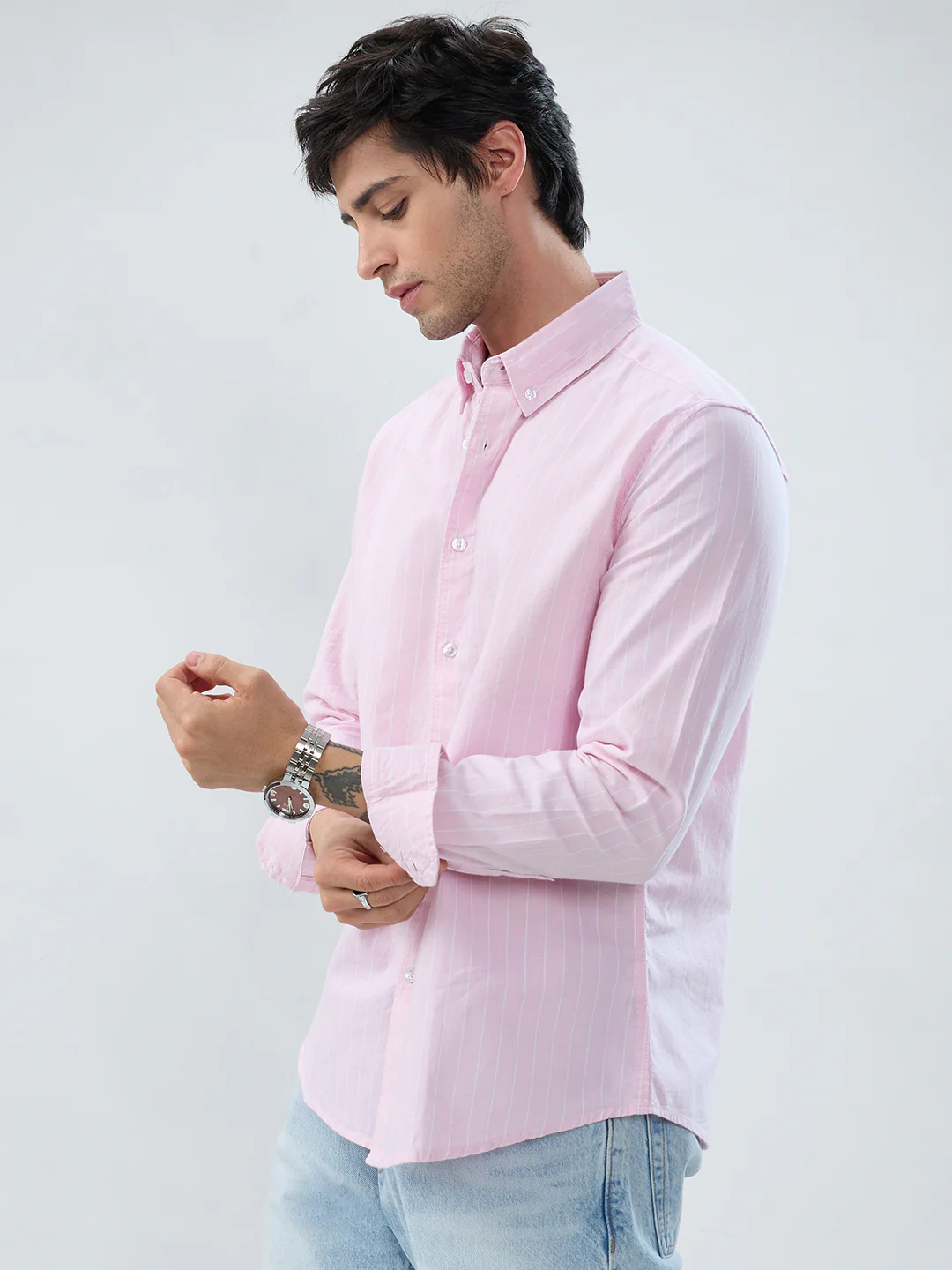 Pastel Pink Refined Pinstripe Oxford Button-Down Business Shirt - Image 6