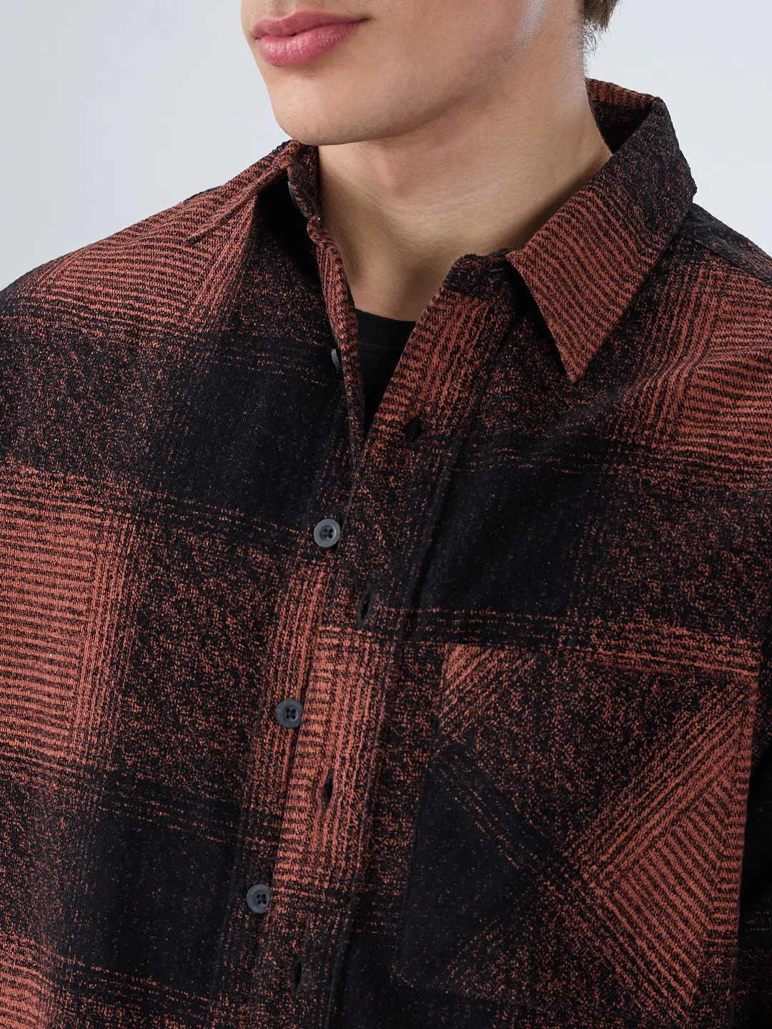 Peach & Black Static Brushed Corduroy Boxy Fit Crop Overshirt - Image 3