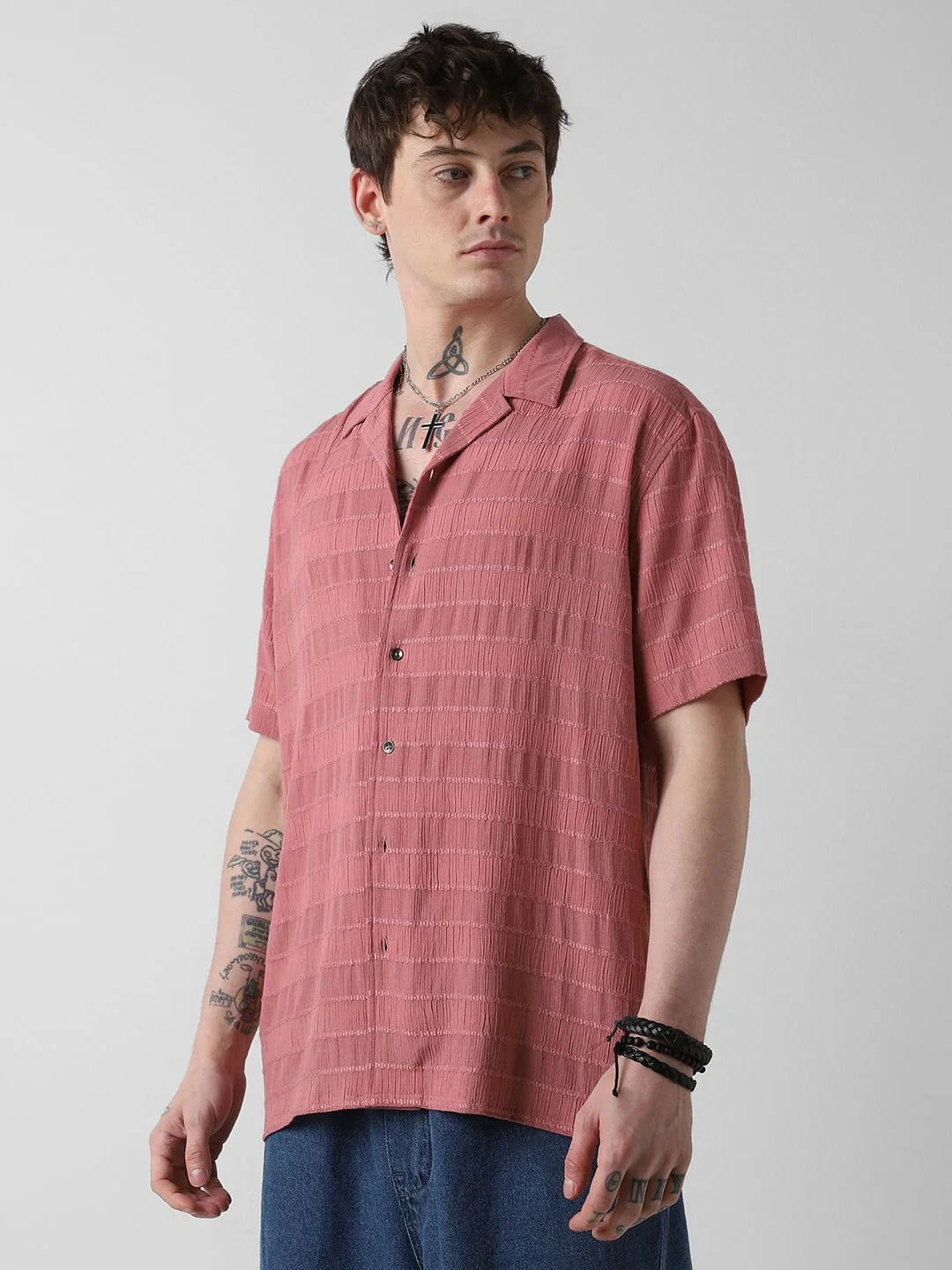 Peach Blossom Dobby Striped Notch Collar Oversized Shirt - Image 6