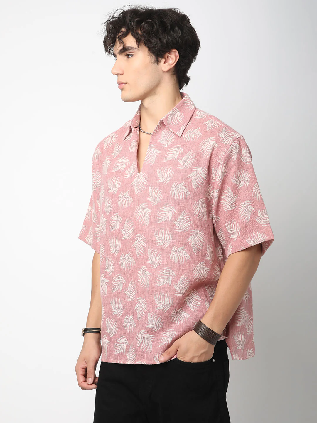 Peachy Pink Coco Leaf Printed Burlap Oversized Polo Shirt - Image 6
