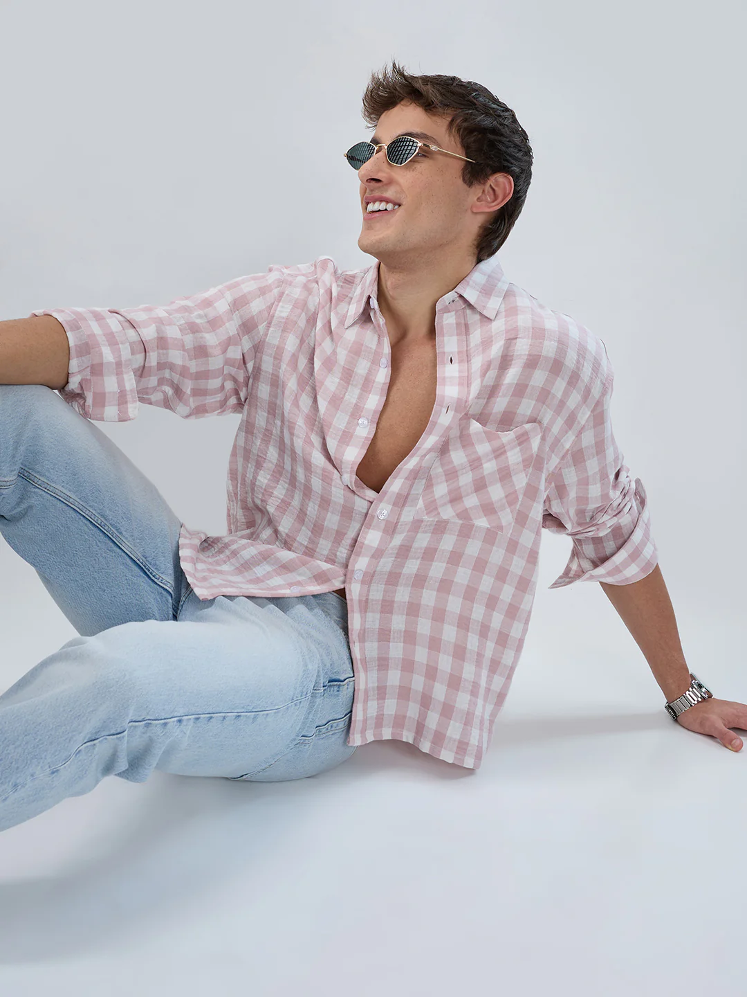 Peachy Pink Gingham Checks Boxy Fit Crop Shirt - Image 3