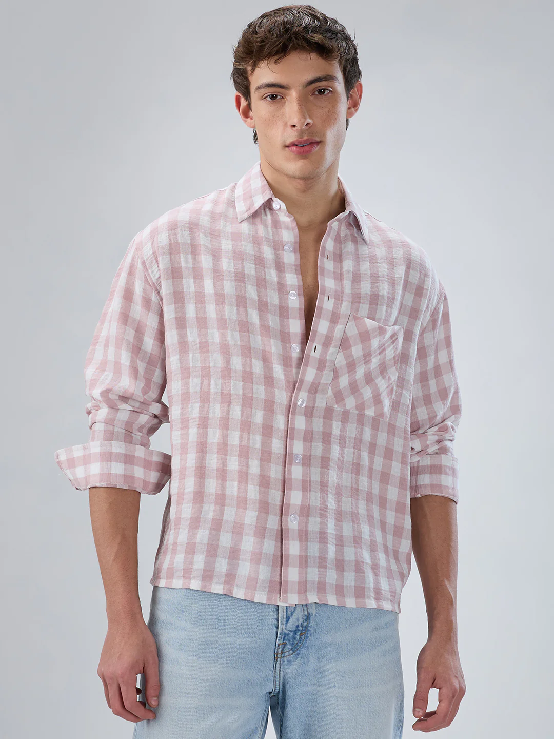 Peachy Pink Gingham Checks Boxy Fit Crop Shirt - Image 4