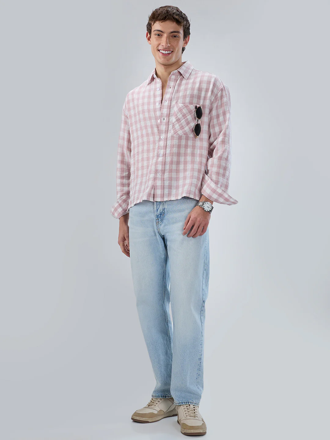 Peachy Pink Gingham Checks Boxy Fit Crop Shirt - Image 7