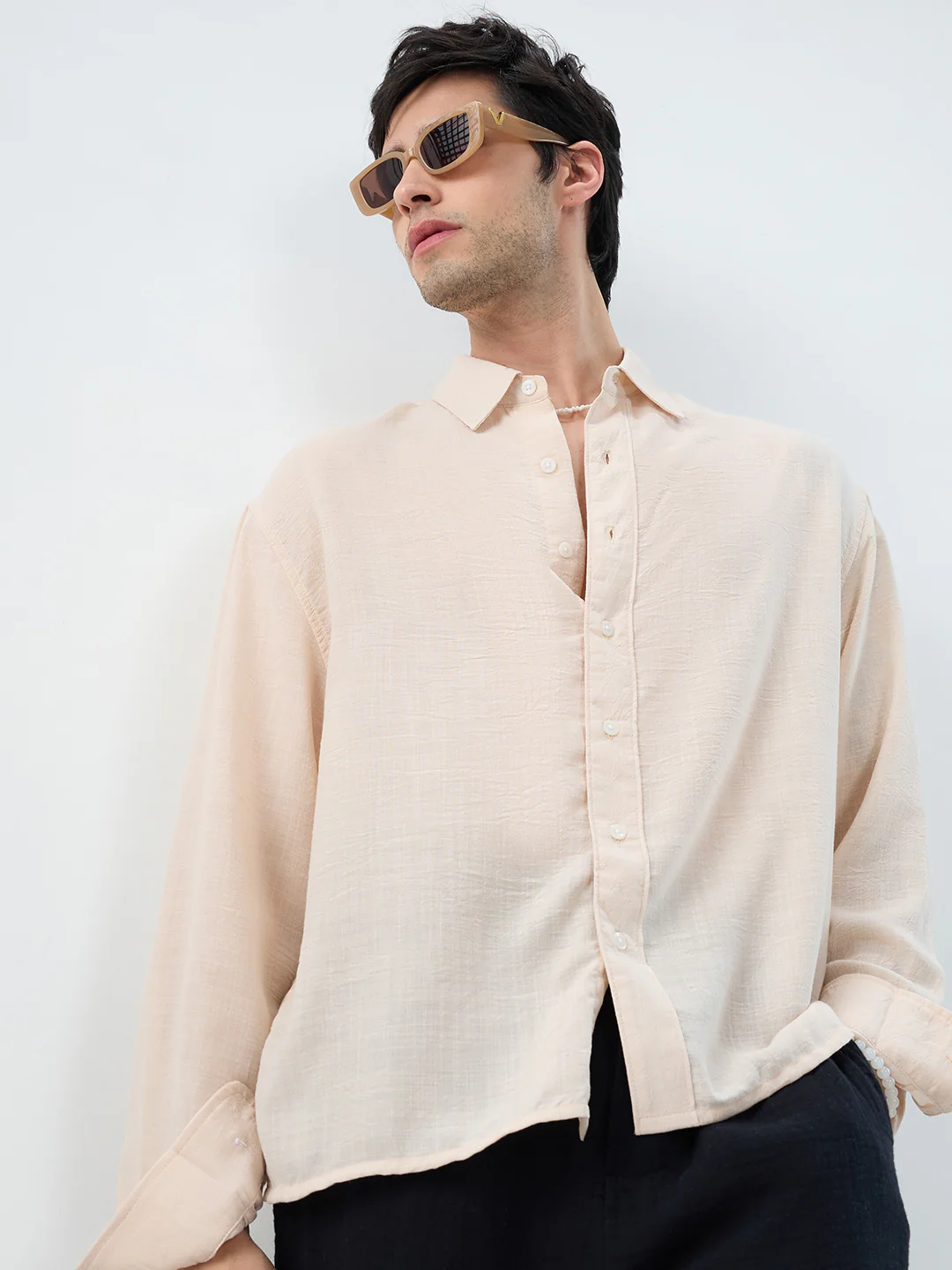 Pearl Cream Soft Sheer Slub Textured Shirt - Image 4