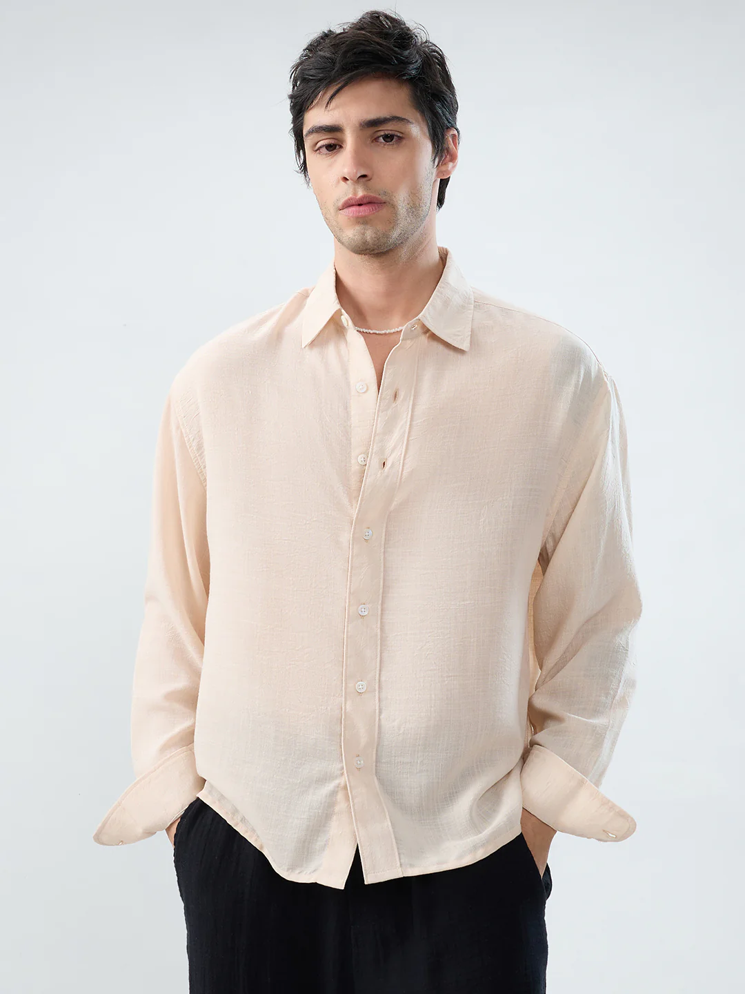 Pearl Cream Soft Sheer Slub Textured Shirt - Image 5