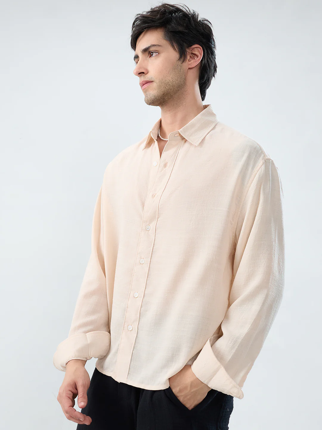 Pearl Cream Soft Sheer Slub Textured Shirt - Image 7