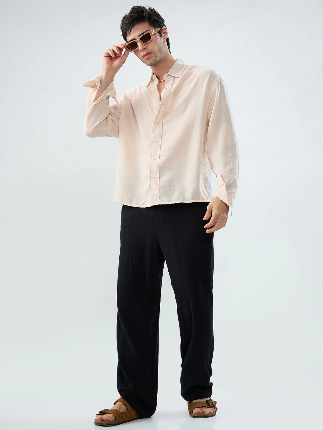 Pearl Cream Soft Sheer Slub Textured Shirt - Image 9