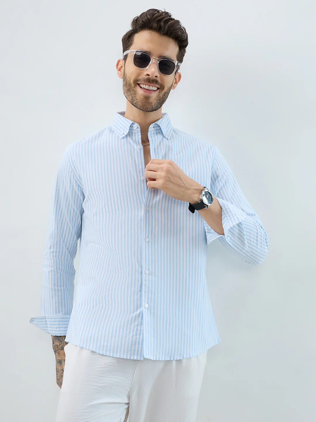 Periwinkle Blue Candy Striped Oxford Button-Down Business Shirt - Image 2