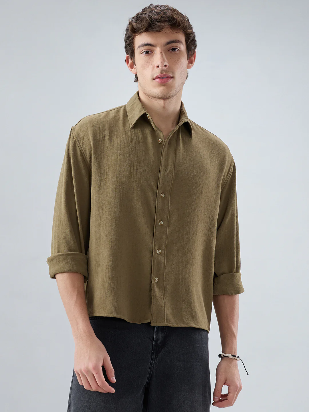 Pickle Olive Textured Boxy Fit Crop Shirt - Image 5