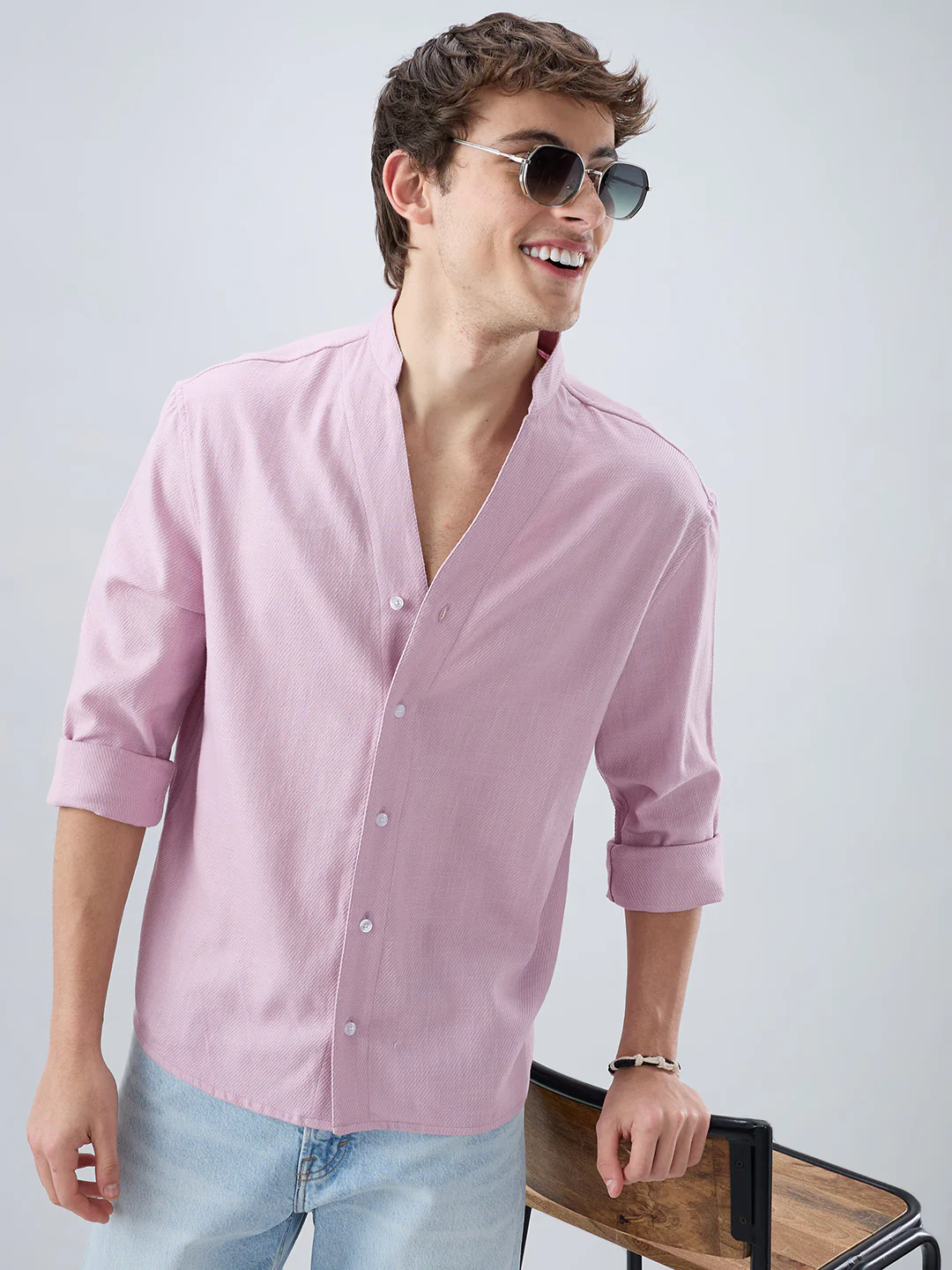 Powder Blush Pink Minimal Twill Textured Stand Collar Oversized Shirt