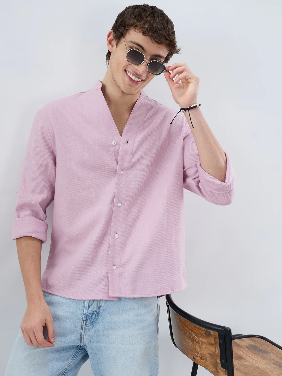 Powder Blush Pink Minimal Twill Textured Stand Collar Oversized Shirt - Image 2