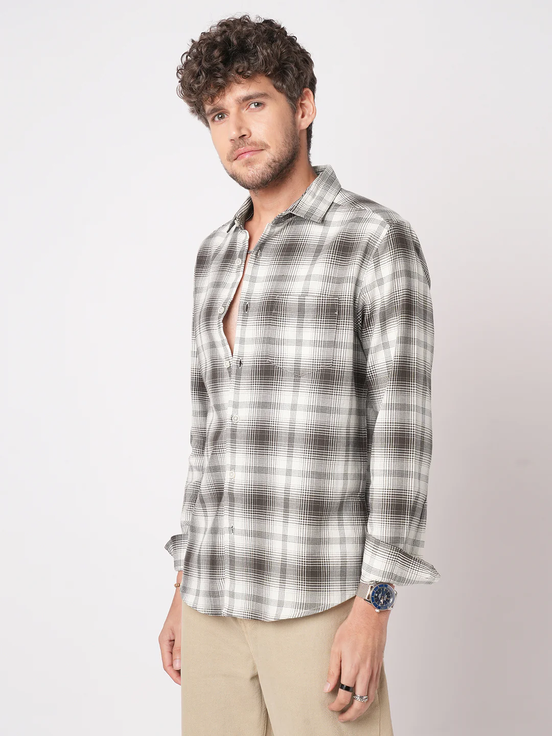 Premium Cotton Brown & White Sable Grid Checks Shirt - Image 6