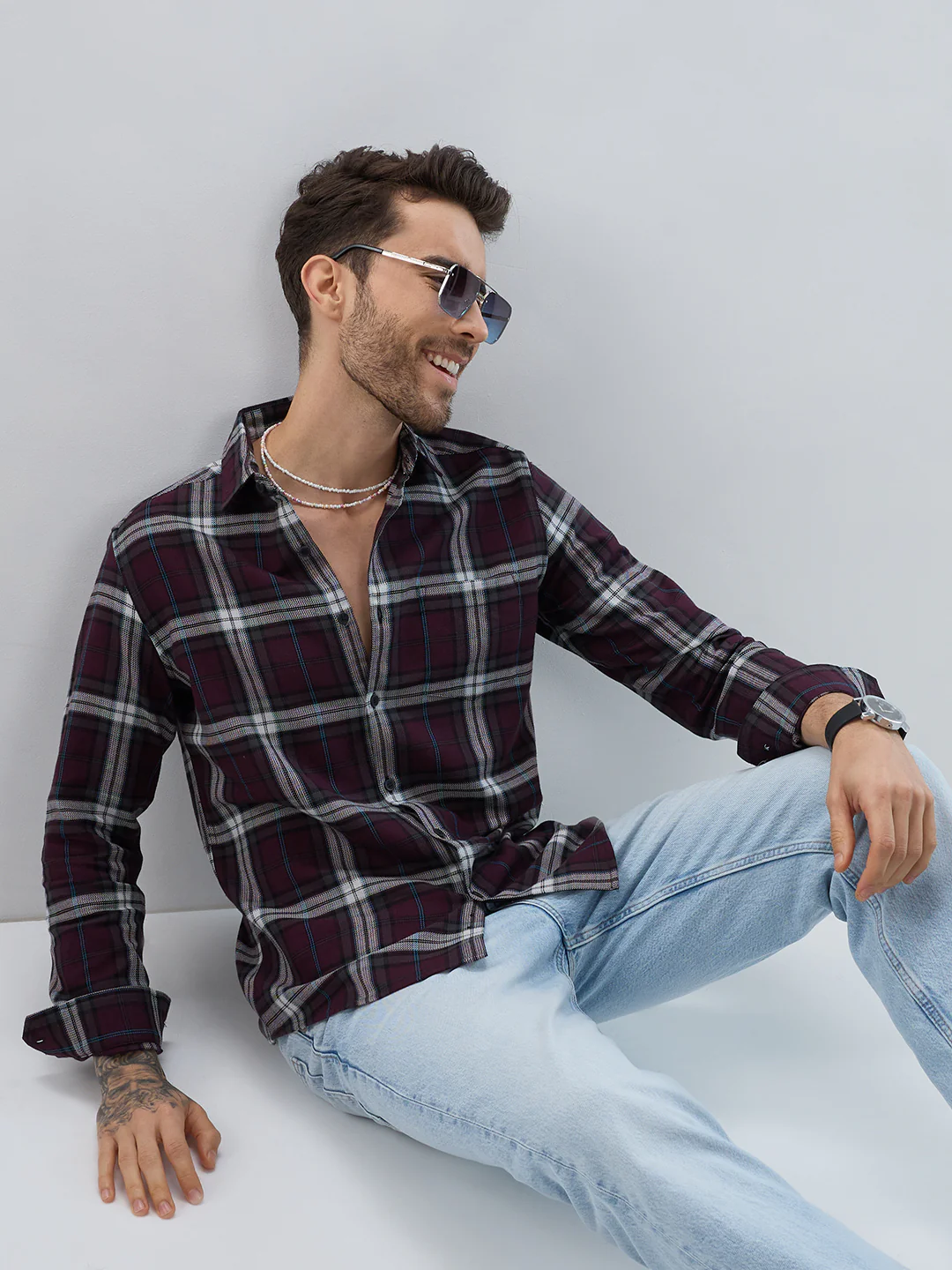 Premium Cotton Dark Maroon Tartan Plaid Checked Shirt - Image 2