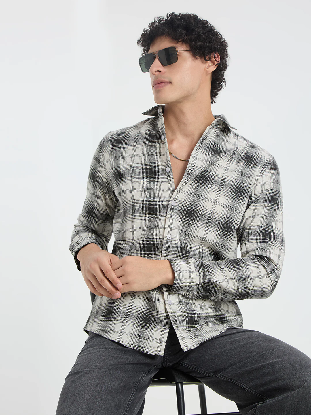 Premium Cotton Exquisite White & Olive Plaid Checks Shirt - Image 2