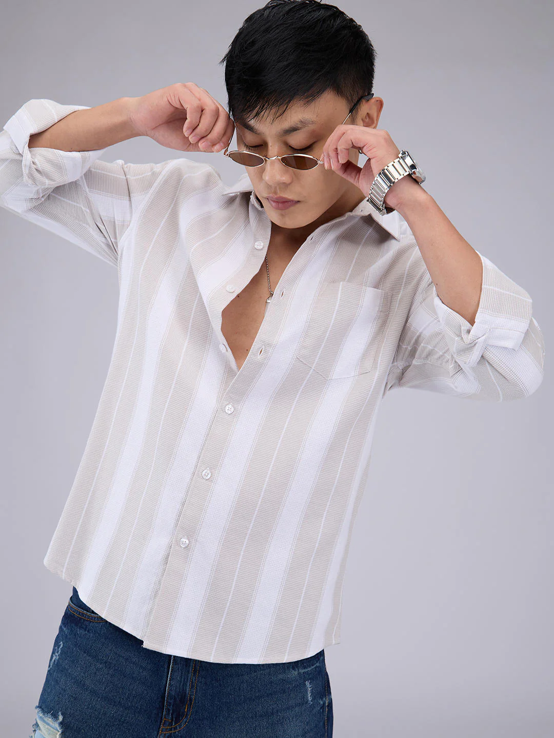 Premium Cotton Greige & White Broad Striped Shirt - Image 2