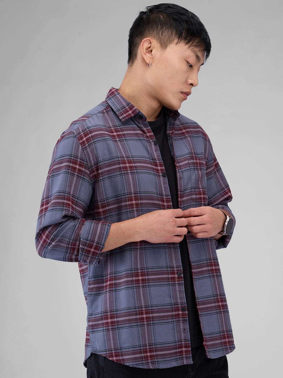 Premium Cotton Grey & Maroon Tartan Checkered Shirt - Image 6
